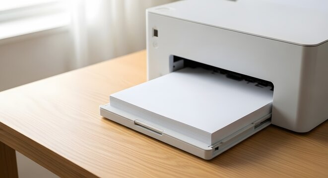 Bright office scene with a full ream of white paper loaded into a modern desktop printer, illustrating productivity and workflow concept