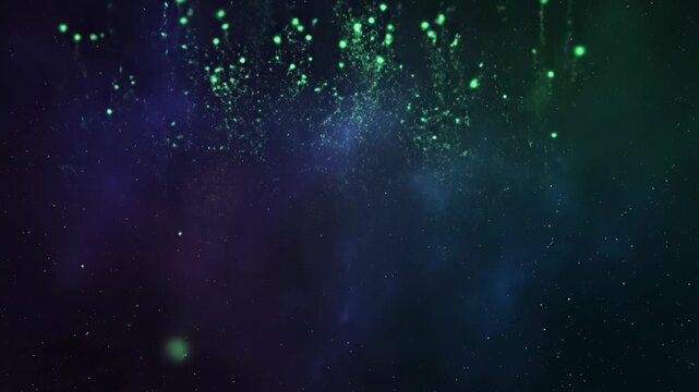 Abstract blue nebula particles and starry light mimic rain drops on a dark black cosmos background for a fantasy space illustration