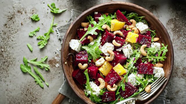 Beetroot and feta salad with cashews and arugula in wooden bowl, 4k high quality footage
