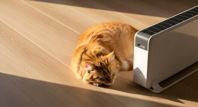 Peaceful ginger cat sleeping soundly near a modern floor heater, bathed in warm sunlight on wooden floor, for a cozy home concept