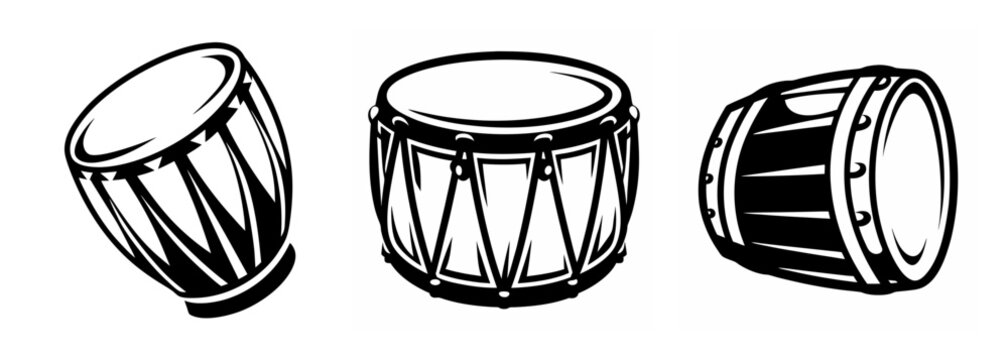 Three drum designs featuring different styles of traditional percussion instruments