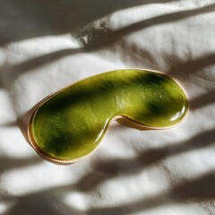 Obraz premium Close up of a green jade gua sha tool with subtle golden flecks resting on white silky fabric bathed in soft sunlight.