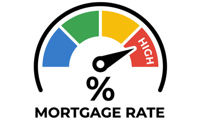 A graphic illustration of a mortgage rate gauge with a high percentage sign, showing a needle pointing to the red high section.