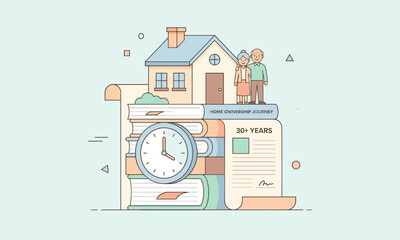 Illustration of a couple standing on a stack of books and documents with a house and clock on top, representing mortgage loan and financial planning.
