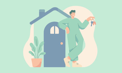A cheerful young adult holding a house key and standing in front of a house with a potted plant, conveying a sense of homeownership and mortgage loan approval in a colorful and minimalist