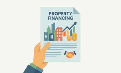 A hand holding a property financing document with a graphic illustration of buildings and financial charts on a clean white background.