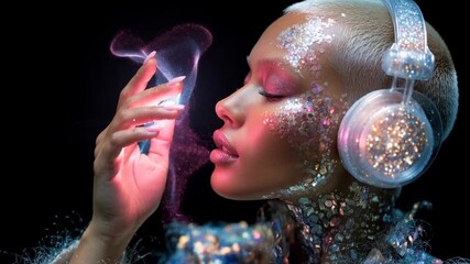 Exploring Sound With a Glowing Figure Enjoying Music With Headphones and Colorful Lights in a Creative Setting