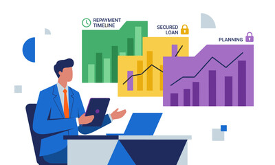 Businessman analyzing mortgage loan data on laptop with graphs and charts floating above in office setting with modern aesthetic.