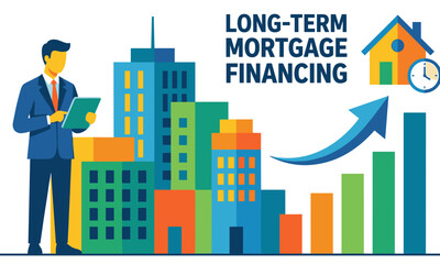Illustration of a businessman analyzing data with a laptop next to a colorful cityscape and a rising bar graph, with a house and clock in the background, representing long-term mortgage