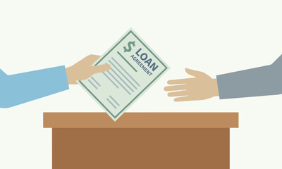 Illustration of two hands exchanging a mortgage loan document over a desk with a minimalist composition.