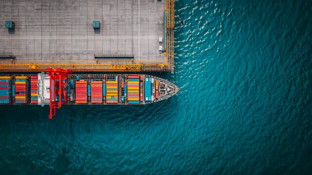Top down aerial view of container ship docked at concrete pier beside blue water