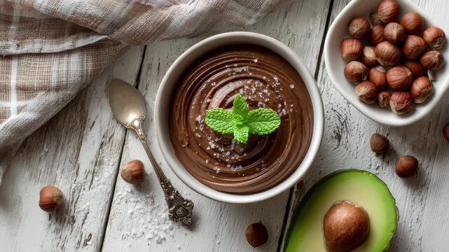 Creamy chocolate avocado mousse with hazelnuts and mint garnish on rustic white wood, 4k high quality footage