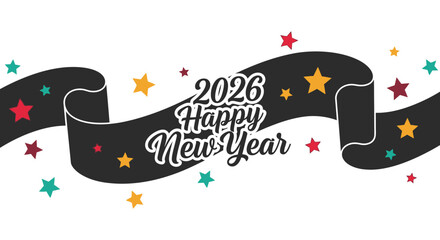 A festive black ribbon banner displays happy new year 2026 with scattered golden and red stars