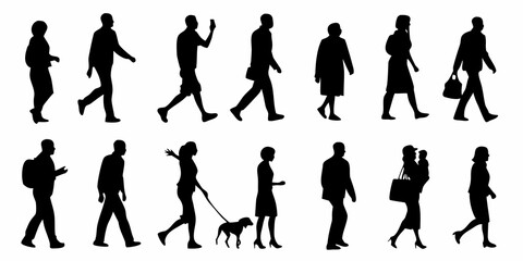Diverse group of people silhouettes walking in various poses and directions