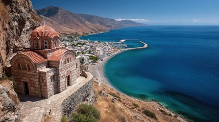 Ancient stone church nestled into a rugged cliff overlooking a vibrant coastal town and the deep blue mediterranean sea
