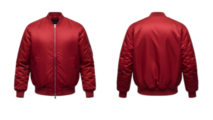 Red bomber jacket with zipper closure shown from front and back isolated on transparent background