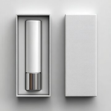 A sleek white and silver cylinder product sits in an open textured gift box next to its closed box on a neutral gray surface.