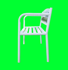 Side view of white metal bench isolated on light green background with clipping path