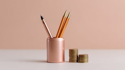 Elegant desk setup with rose gold pen holder, writing instruments, and stacked coins against a soft pink background for financial and productivity themes