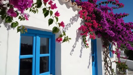 Vibrant bougainvillea spills over a whitewashed cottage with bright blue windows and door, showcasing Mediterranean charm.