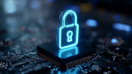 Glowing padlock icon protecting digital circuit board technology