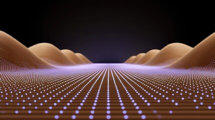 Futuristic Abstract Landscape with Purple Glow and Wave Patterns Representing Digital Terrain and Data Flow in a Dark Background
