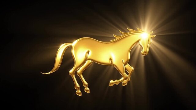Golden horse radiating light &mdash; mystical, solemn atmosphere of strength, freedom and good fortune