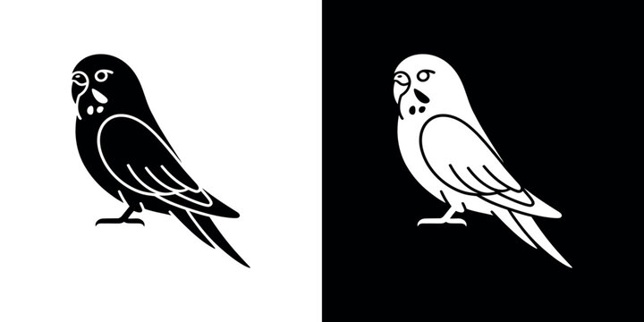 A minimalist depiction of a budgerigar in both black and white variations