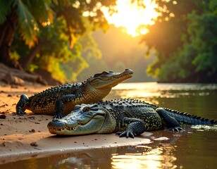 Two reptiles bask on a sandy riverbank, illuminated by sunlight