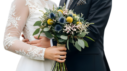 Bride and groom holding a bouquet of flowers on their wedding day isolated on transparent background