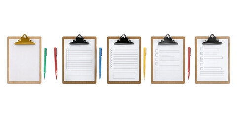 Set of a medical clipboard on table concept. Various clipboards with blank and filled pages for organization.