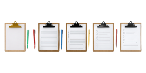 Set of a medical clipboard on table concept. Various clipboards with blank and filled pages for organization.