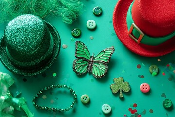 Green glittery items for St. Patricks Day celebration. Festive holiday flat lay with vibrant green and red elements.