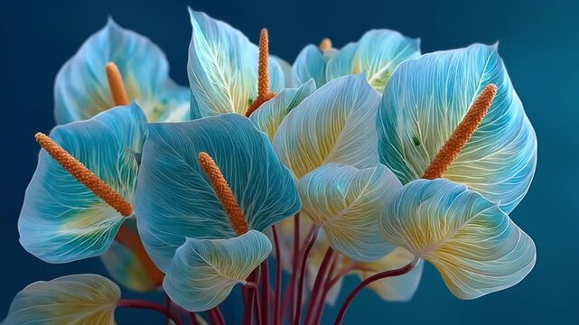Vibrant blue anthurium flowers against a dark teal background