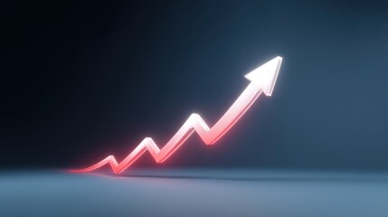 Modern digital arrow graphic showing upward trend in data analysis, finance growth or success concept with glowing effects on dark background