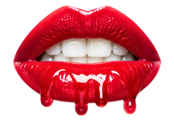 Shiny red lips with dripping liquid effect isolated on transparent background