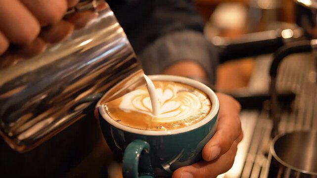 Barista's hands creating latte art at a cafe (Coffee shop, coffee, close-up)