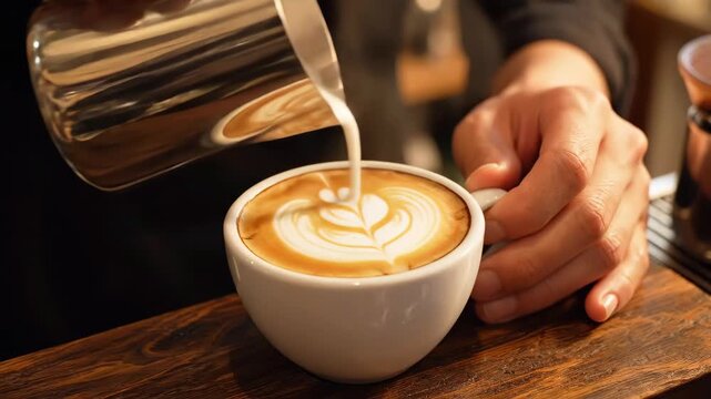 Barista's hands creating latte art at a cafe (Coffee shop, coffee, close-up)