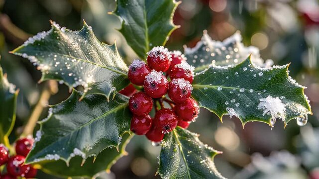 Frosty Holly Berries - A close-up shot captures a cluster of bright red holly berries nestled among glossy green leaves, all dusted with sparkling frost.