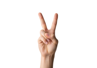 A hand making a peace sign or victory gesture isolated on transparent background