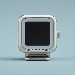 A vintage television with a silver frame and a blank black screen sits on a matching base against a soft blue backdrop.