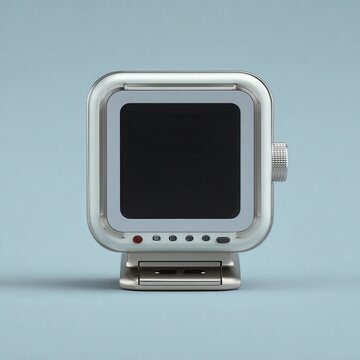 A vintage television with a silver frame and a blank black screen sits on a matching base against a soft blue backdrop.
