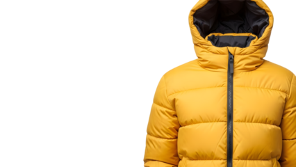 Yellow puffer jacket with hood and zipper isolated on transparent background
