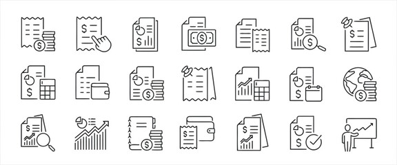 Accounting Finance Line Icons Set for Audit Report Document Chart Calculator