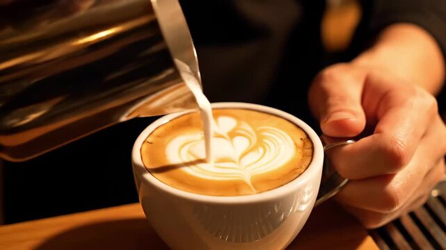 Barista's hands creating latte art at a cafe (Coffee shop, coffee, close-up)