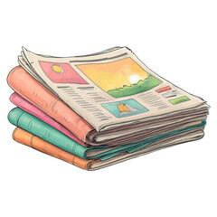 Blank newspaper front page showing daily news concept. Stack of colorful newspapers with varied topics and images.