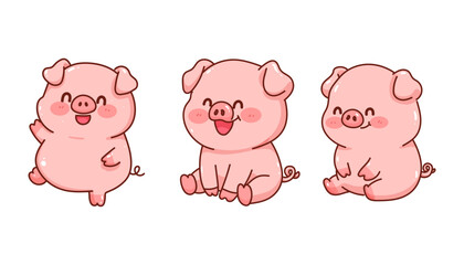 Cute pink pig cartoon character mascot set in different poses vector illustration