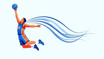 Dynamic Basketball Player Leaping for a Slam Dunk with Blue Energy Trails Illustrating Athleticism and Power © Nomads Studio