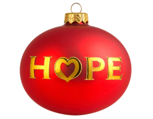 Red ornament with golden "HOPE" and heart detail