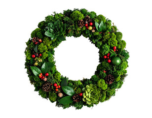 Lush green moss wreath with festive berries, pinecones, and succulents